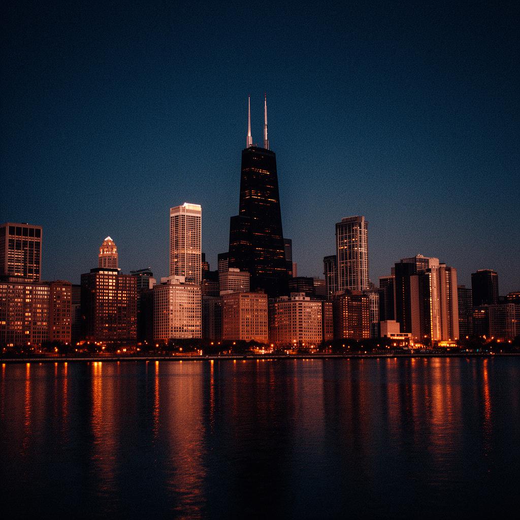 Chicago skyline at dusk reflected over Lake Michigan